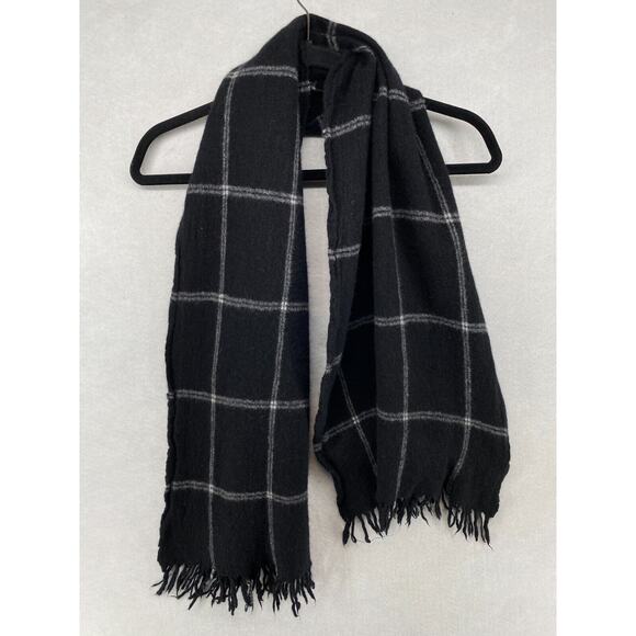 EILEEN FISHER Scarf One Size Felted Wool Graph Check Fringed Rectangle Black - Picture 1 of 9
